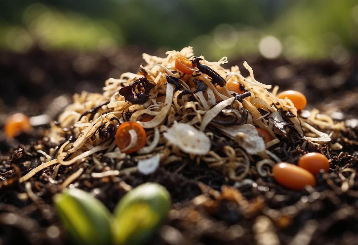 Shredded paper mixed with food scraps in a compost pile, surrounded by earthworms and decomposing organic matter