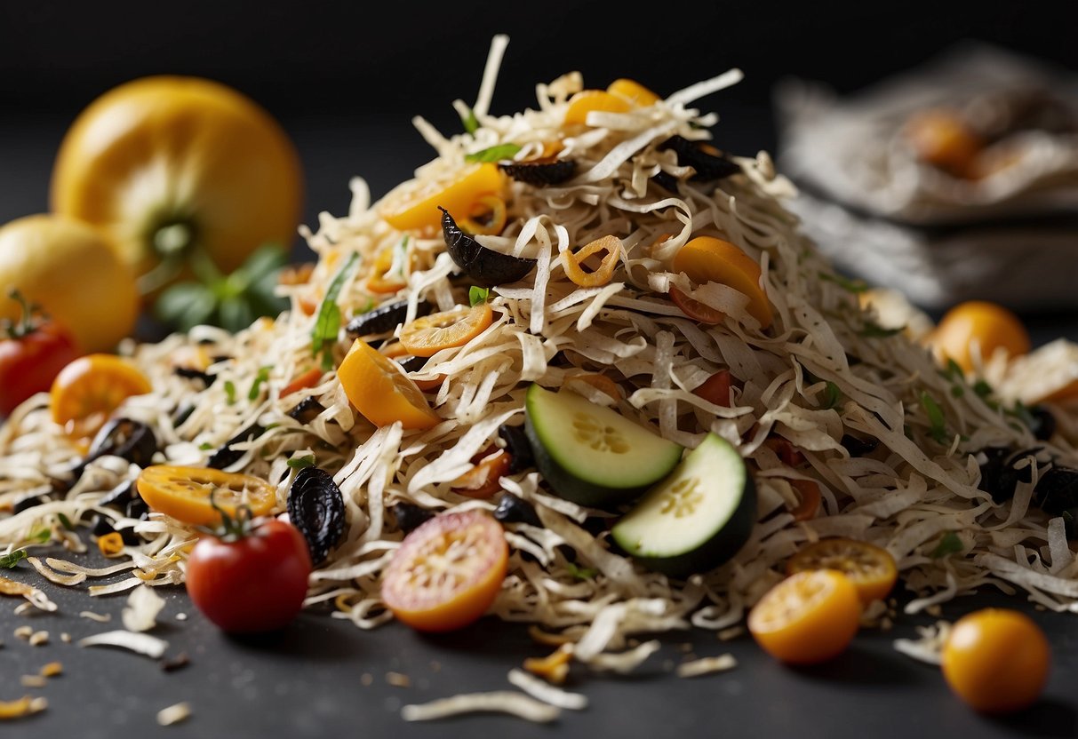 A pile of shredded paper surrounded by food scraps and yard waste, with worms and microorganisms breaking down the materials into rich compost