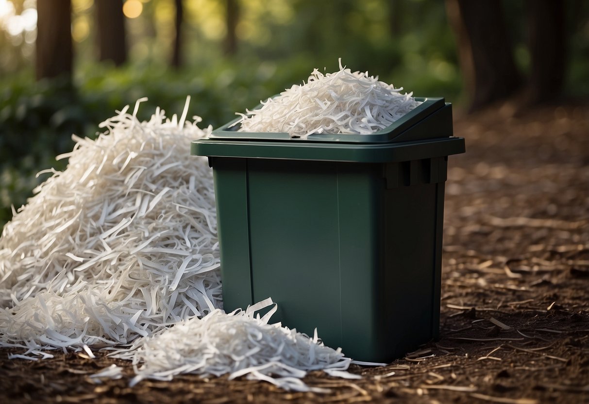 Shredded paper piled next to a compost bin, surrounded by various compostable materials. An arrow pointing to the paper with a question mark