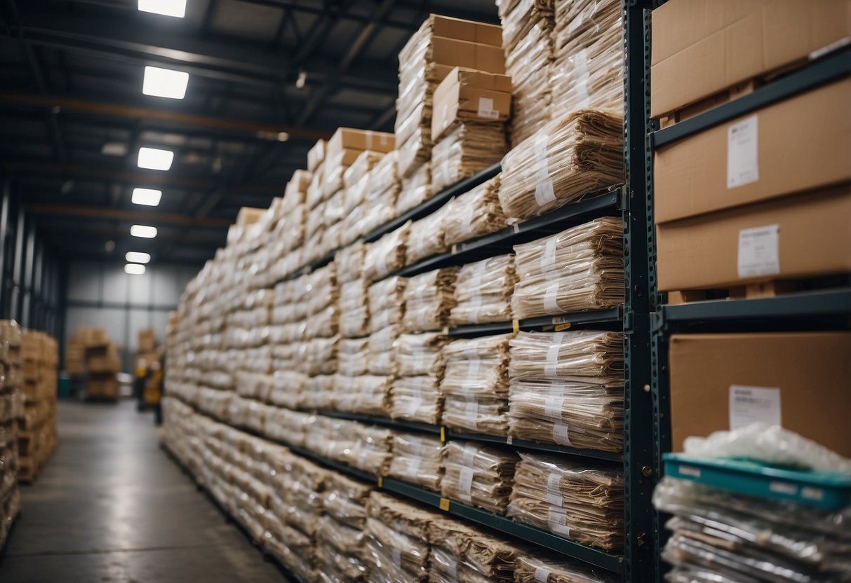 A warehouse filled with stacks of various shredded paper types for bulk purchase, with clear signage indicating where to buy