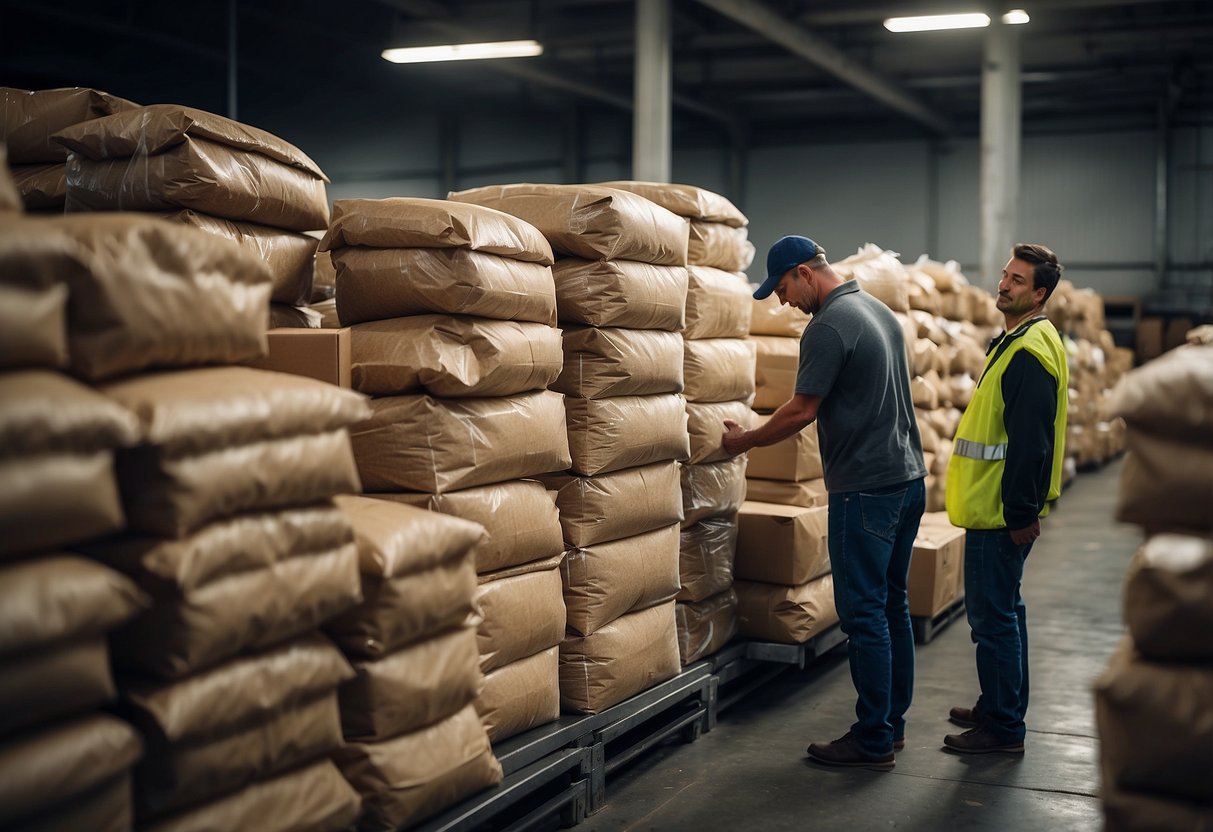 A customer purchases large bags of shredded paper from a warehouse store, where stacks of paper bags are neatly organized on metal shelves