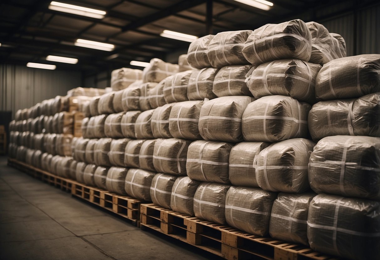 A warehouse filled with large bales of shredded paper in various colors and textures, stacked neatly on pallets ready for bulk purchase