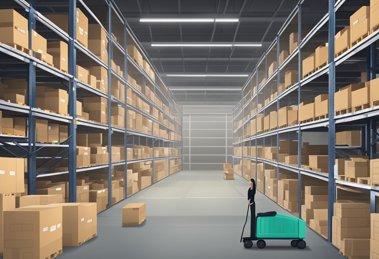 A warehouse with organized shelves, labeled bins, and inventory tracking software in use. Efficiently managed stock levels and streamlined processes