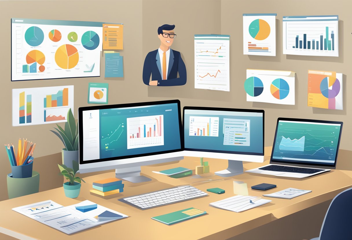 An office desk with a computer displaying HR management software, surrounded by charts, graphs, and a happy team of employees