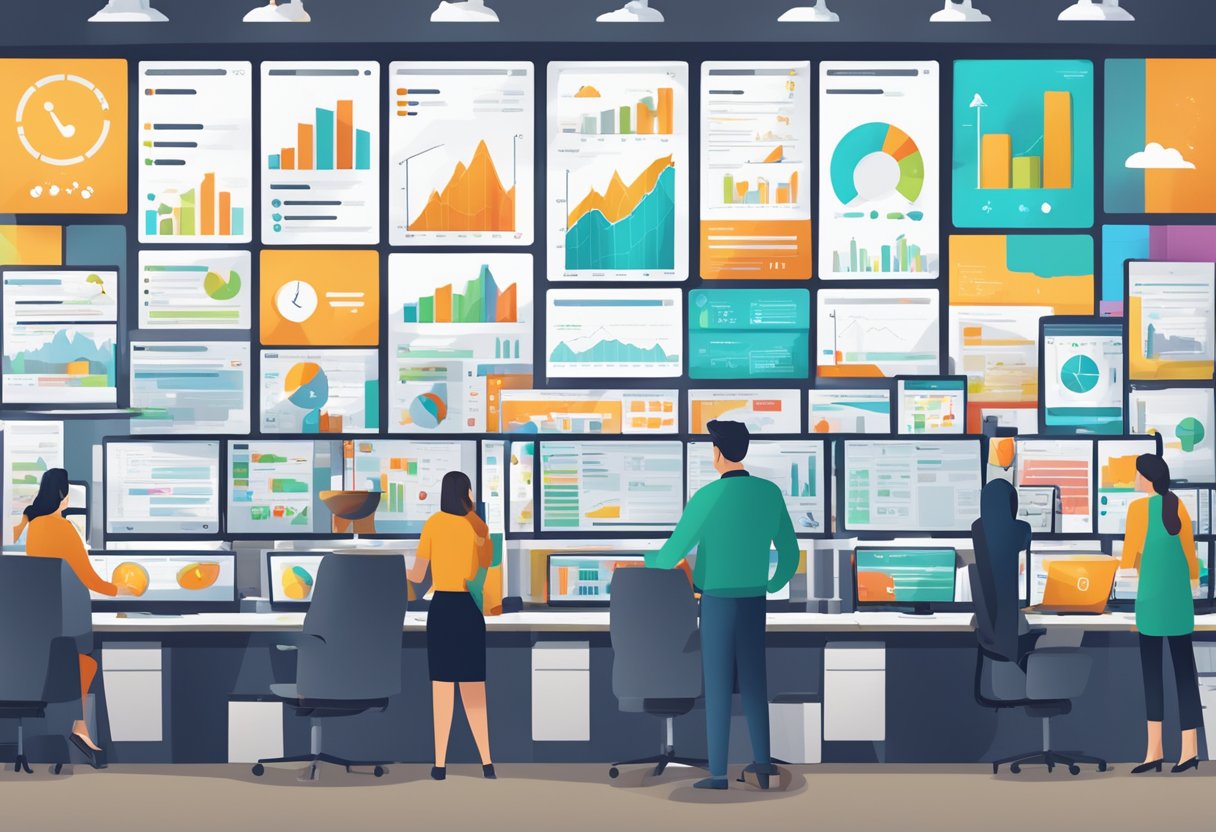 A bustling market with digital HR software logos on display, surrounded by upward trending graphs and charts