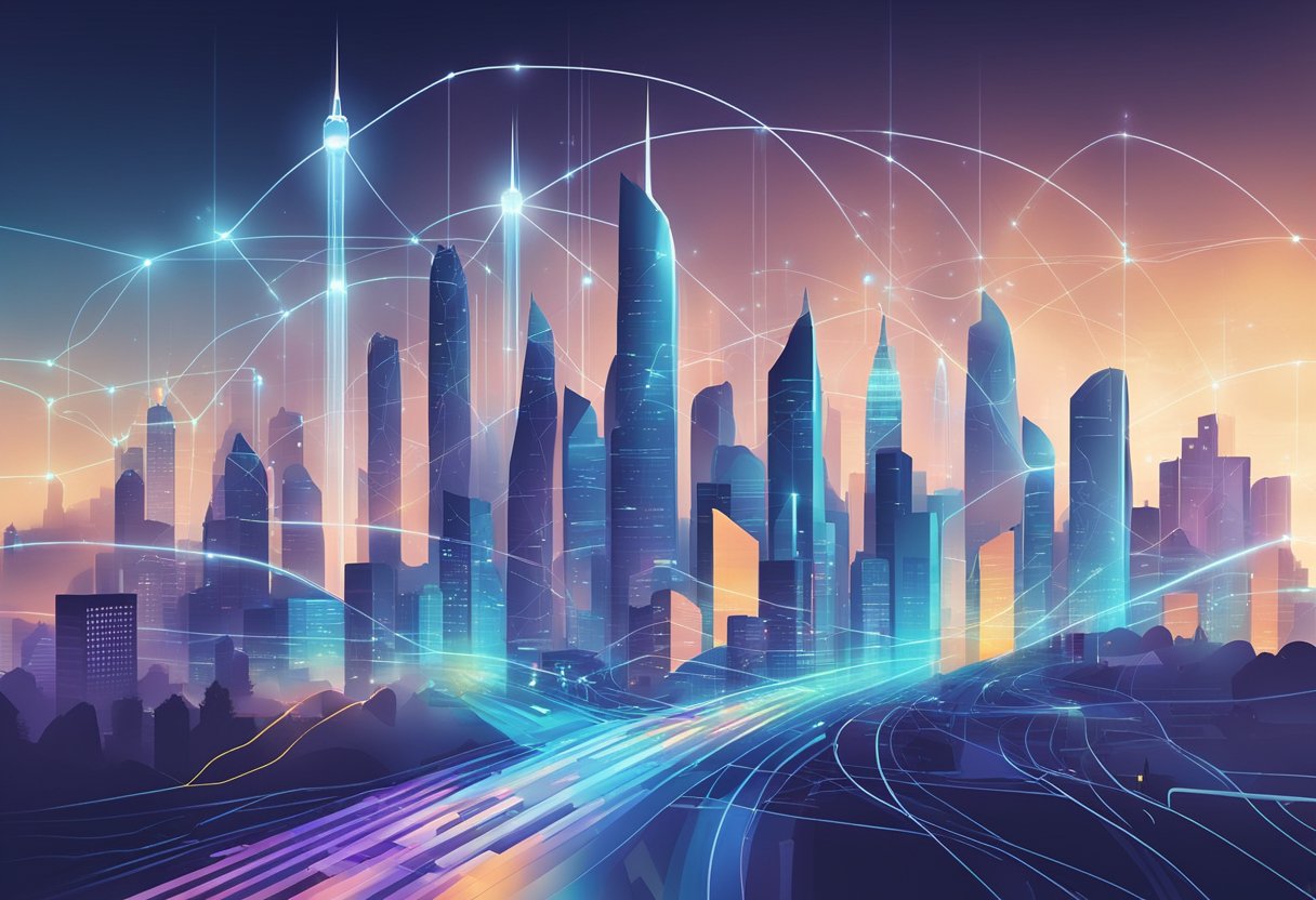 A futuristic city skyline with data streams connecting to various regions, showcasing technological advancements in HR management software market trends