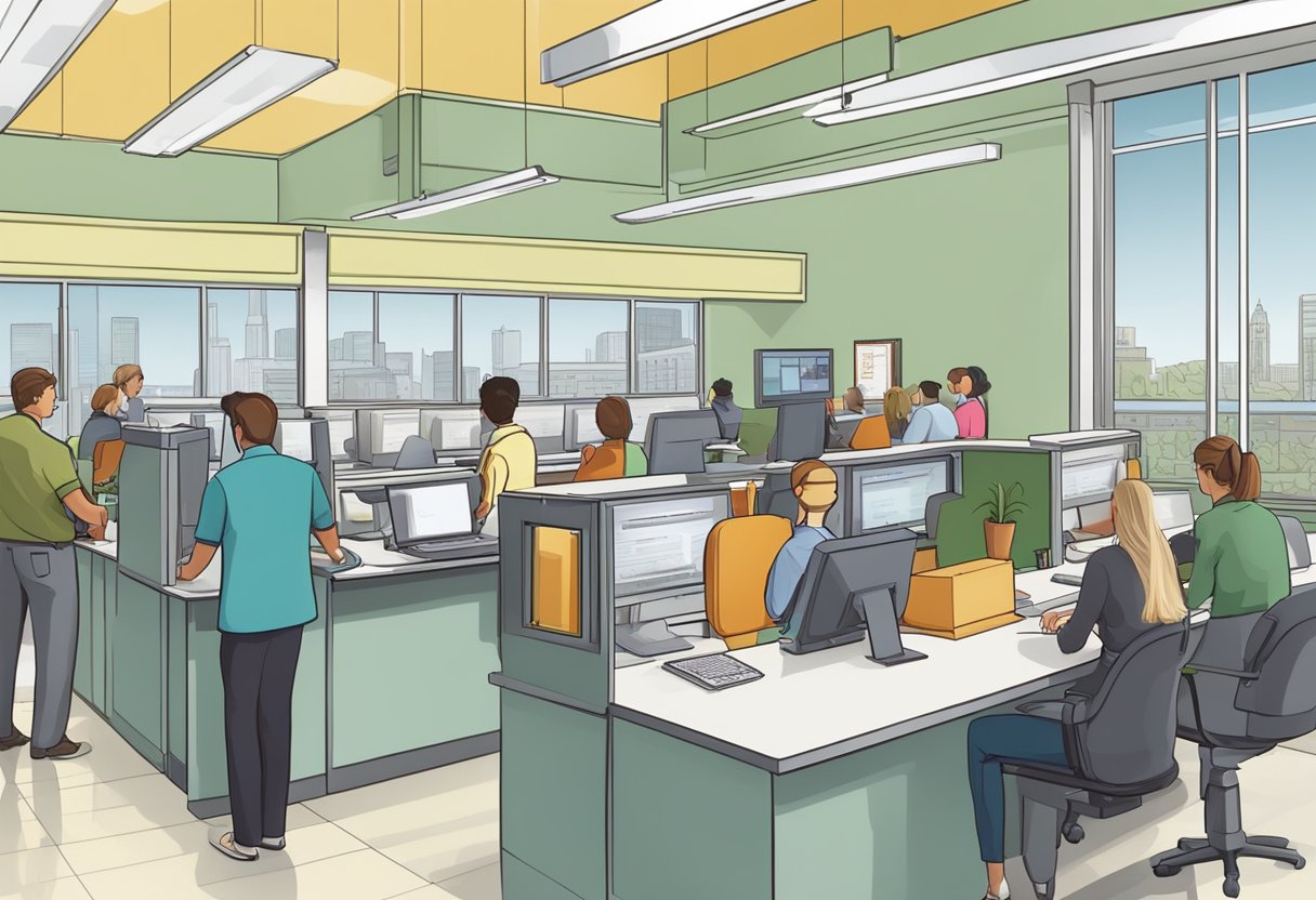 A busy bank with customers at teller windows, a line of people waiting, and bank employees assisting clients at desks