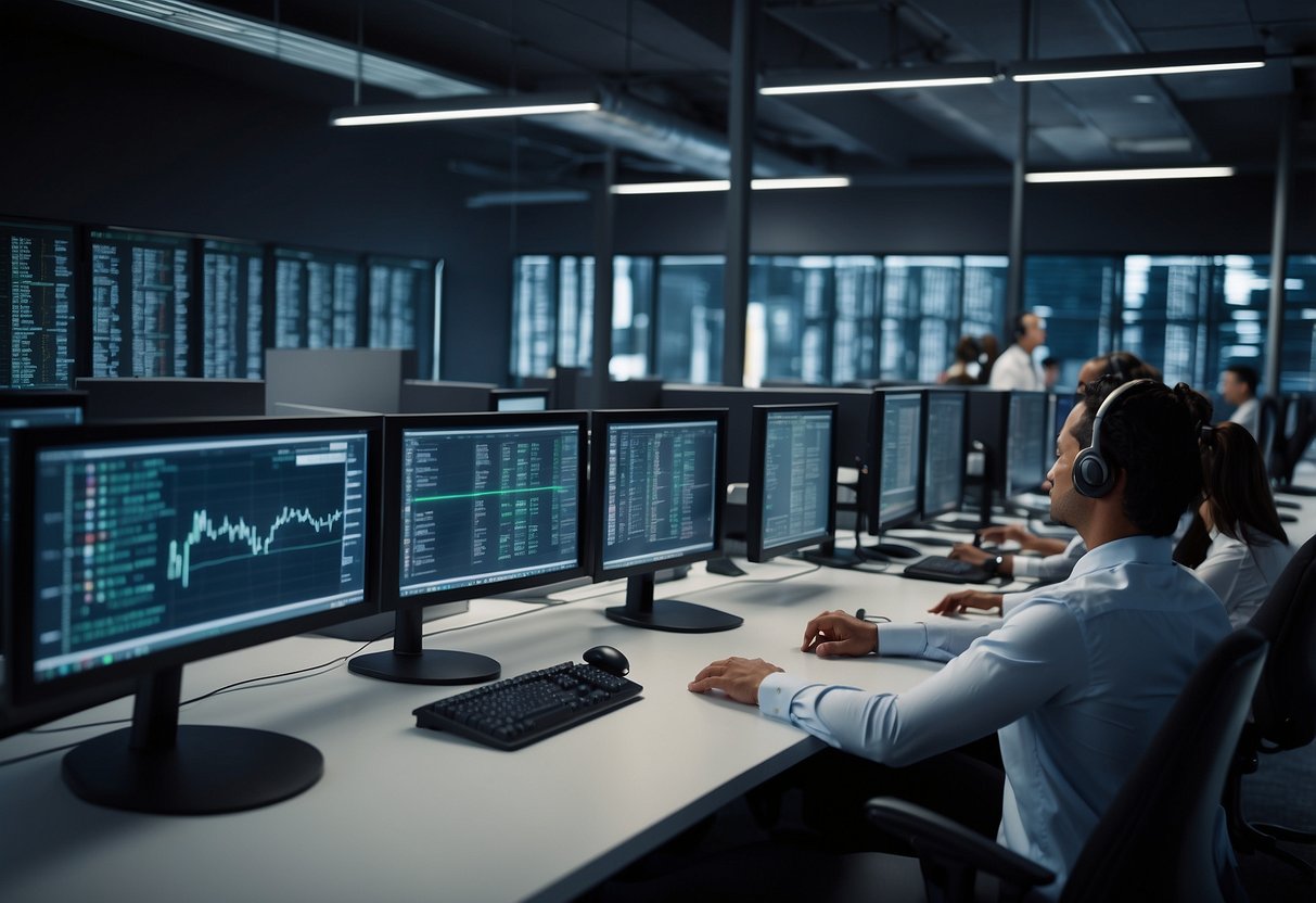 A bustling call center with AI software integrated into computer systems, agents engaging in conversations with prospects, and a dashboard displaying real-time performance metrics