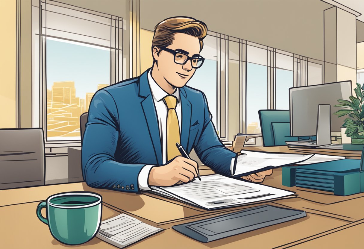 A person signing paperwork at a desk with a bank logo, while a bank representative explains the mortgage process