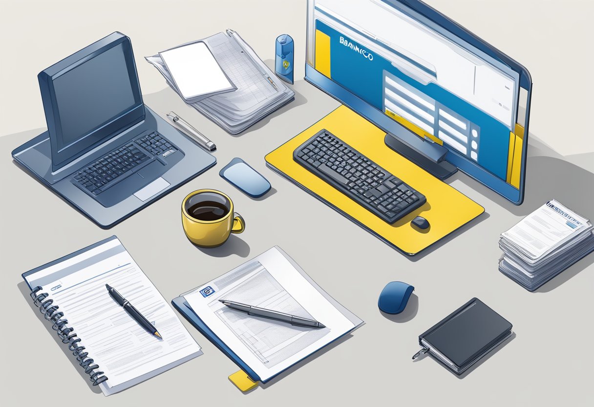 The scene depicts a desk with a computer, paperwork, and a pen. The logo of Banco do Brasil is visible on the documents