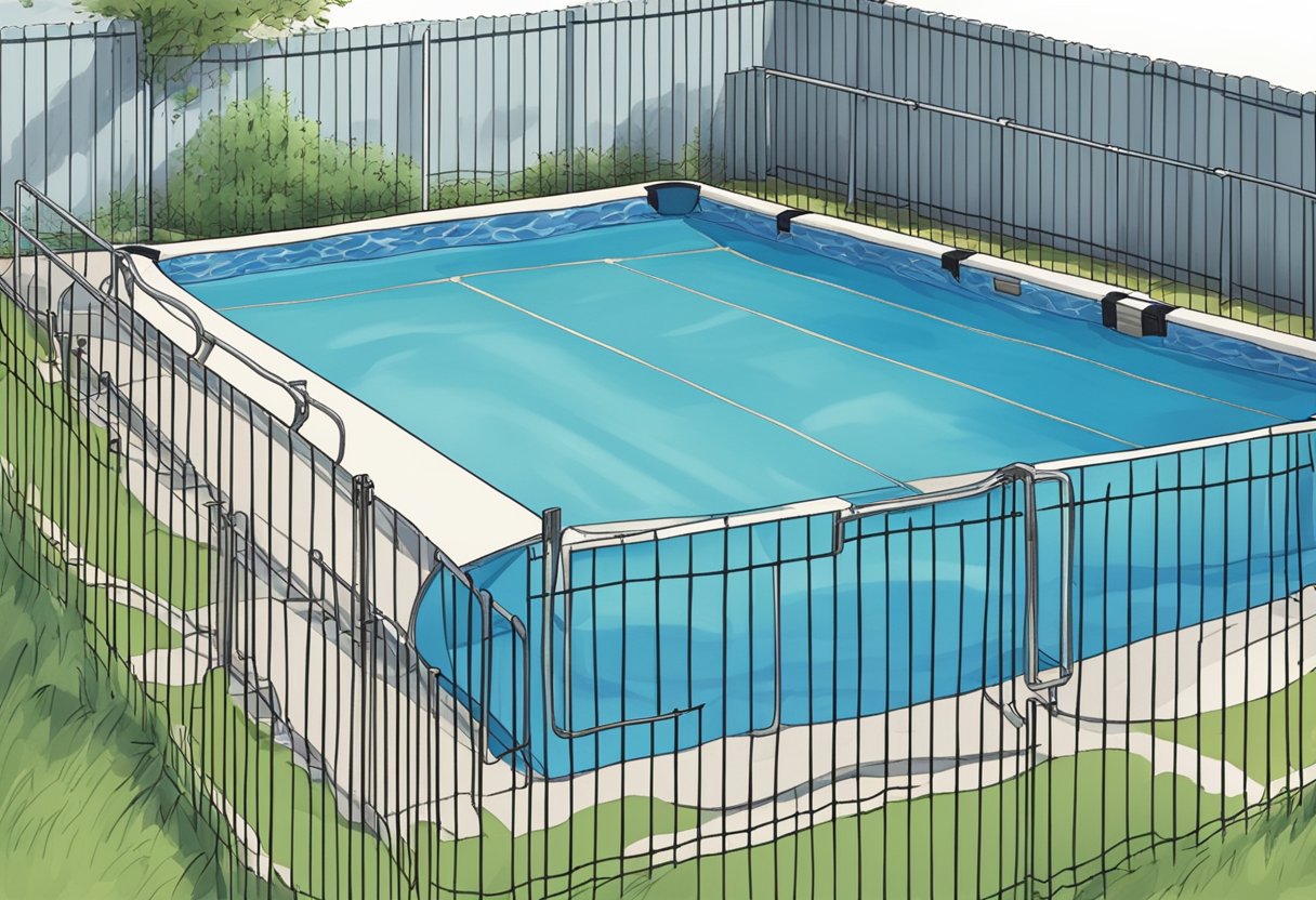 A pool cover securely fastened over a glistening blue pool, surrounded by a fence and safety signs