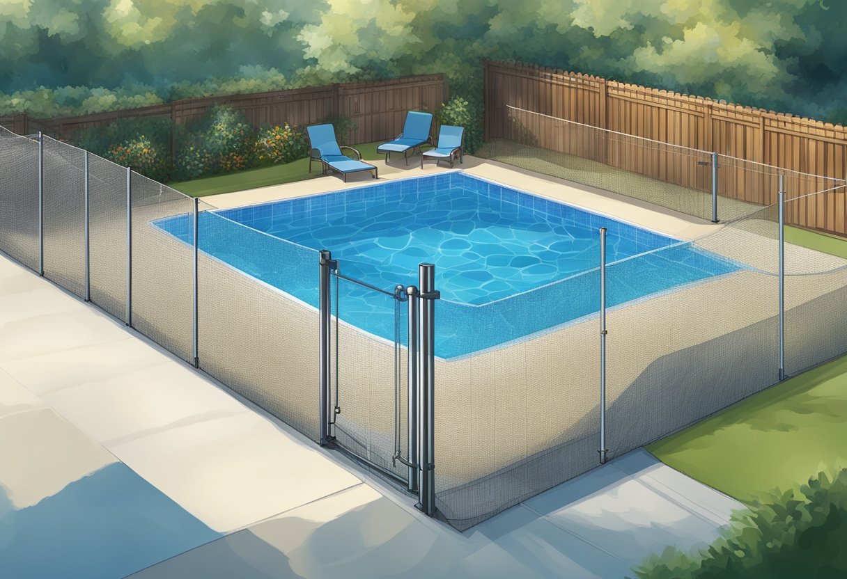 A pool cover securely fastened over a sparkling blue pool, surrounded by a fence and safety equipment