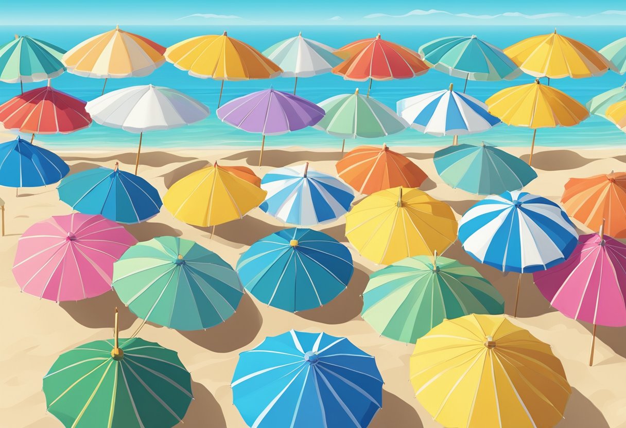 Colorful umbrellas and parasols lined up along a sandy beach, swaying gently in the breeze under a bright blue sky