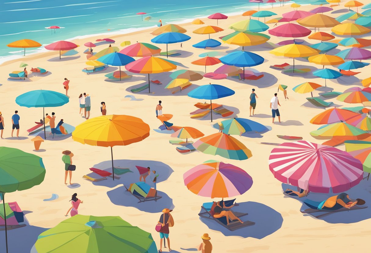 Colorful umbrellas and parasols scattered across a sunny beach, providing shade and protection from the sun. People lounging and walking underneath them, enjoying the warm weather