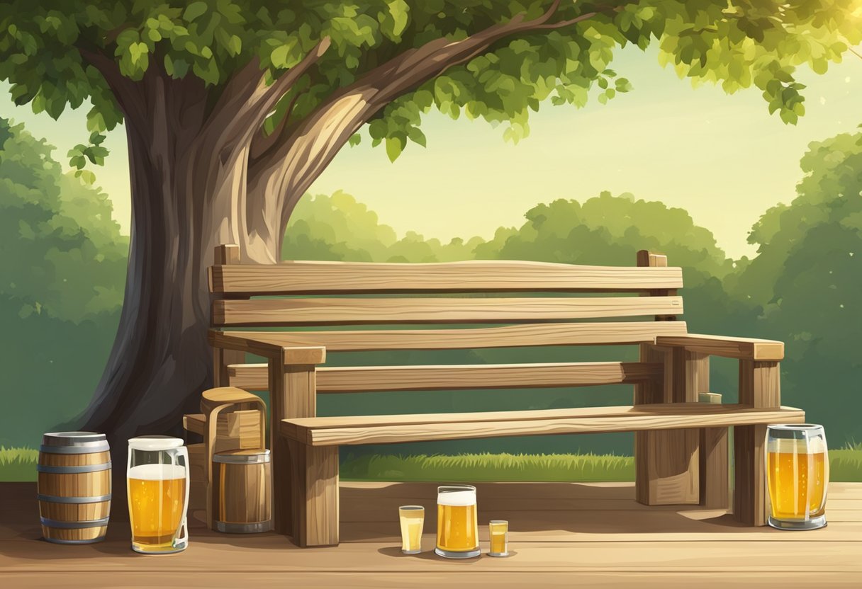 A wooden beer bench set sits under the shade of a large tree, with a pitcher of beer and several empty glasses arranged on the table