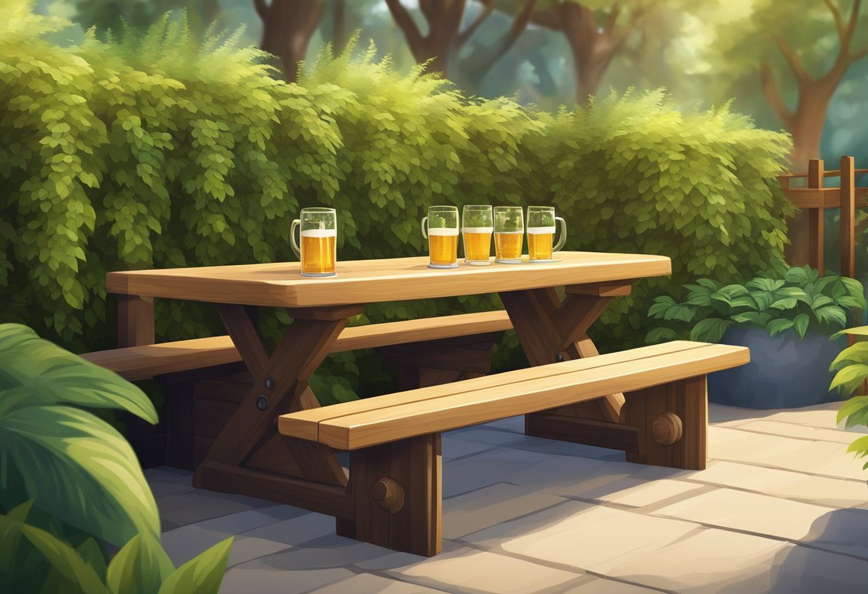 A wooden beer bench set with a built-in table, surrounded by lush greenery and a warm, inviting atmosphere