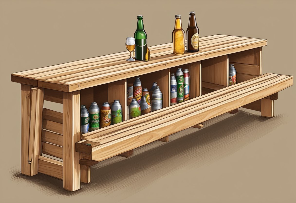 A wooden beer bench set with a built-in cooler and storage compartments, surrounded by maintenance tools and equipment