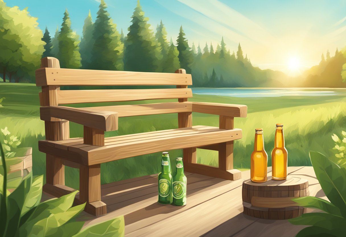A wooden bench with beer bottles and glasses sits in a sunlit outdoor setting, surrounded by greenery and a relaxed atmosphere