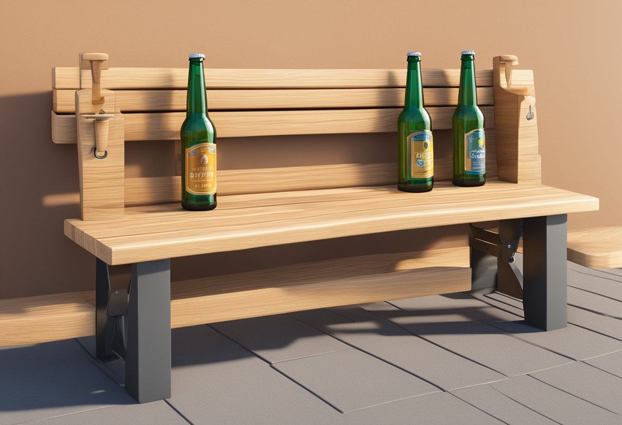 A sturdy wooden bench with built-in slots for beer glasses. A metal bottle opener is attached to the side. The bench is placed in a sunny outdoor setting with a few beer glasses and bottles on the surface