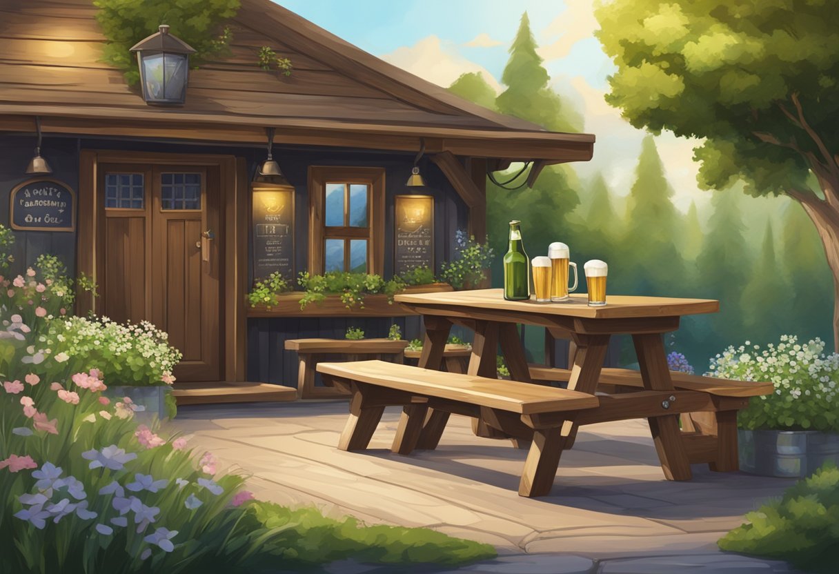 A wooden beer bench sits outside a rustic pub, surrounded by greenery and flowers. A pint glass and bottle opener rest on the table