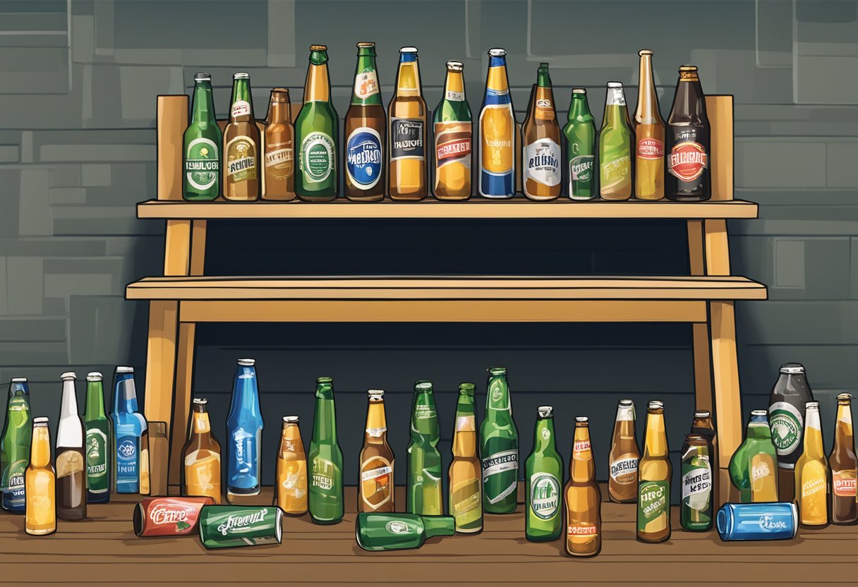 A beer bench with a "Frequently Asked Questions" sign, surrounded by empty beer bottles and cans