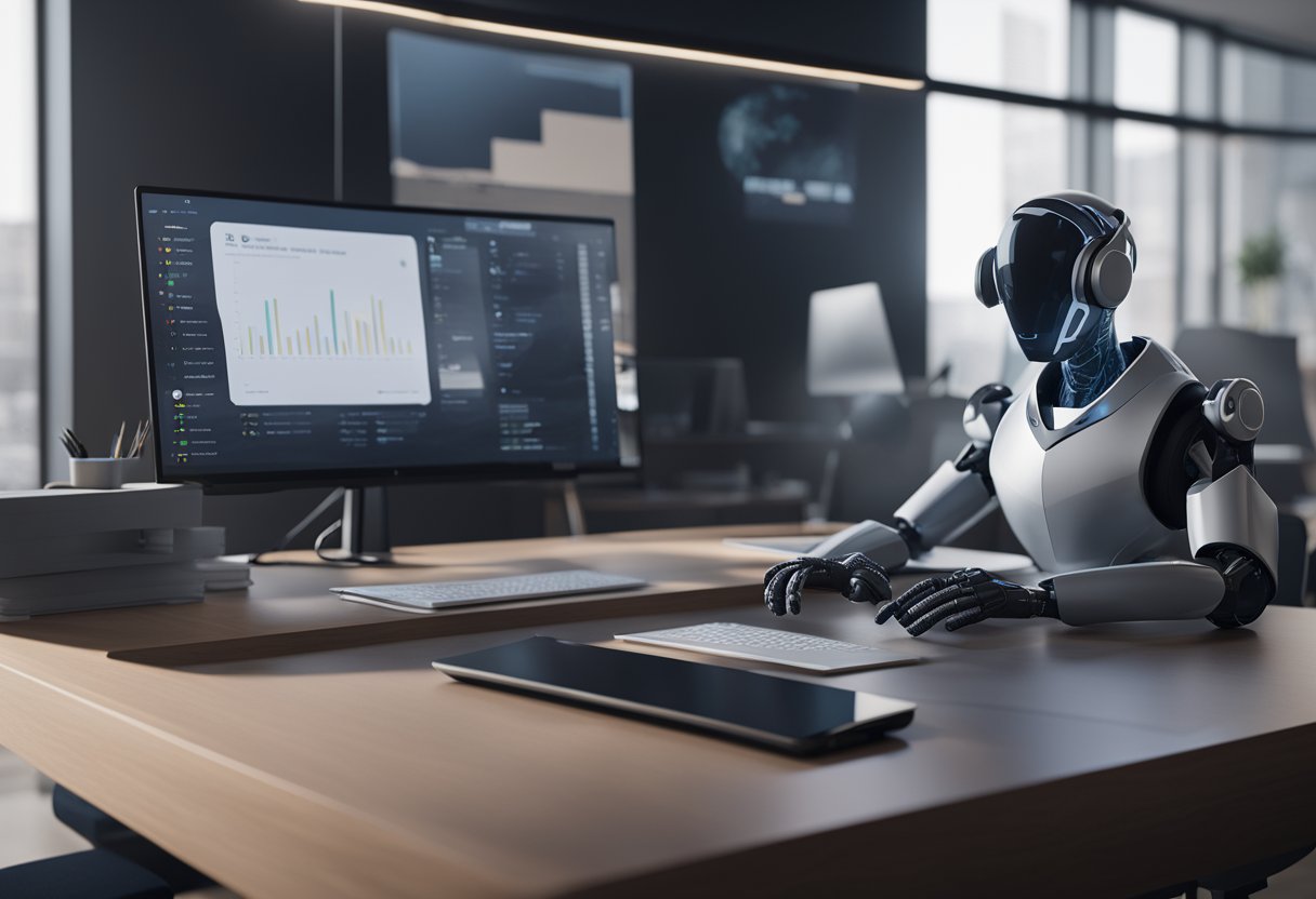 An AI cold calling bot making calls from a sleek, modern office desk. Its screen displays a list of potential leads, while its robotic voice speaks confidently into a headset