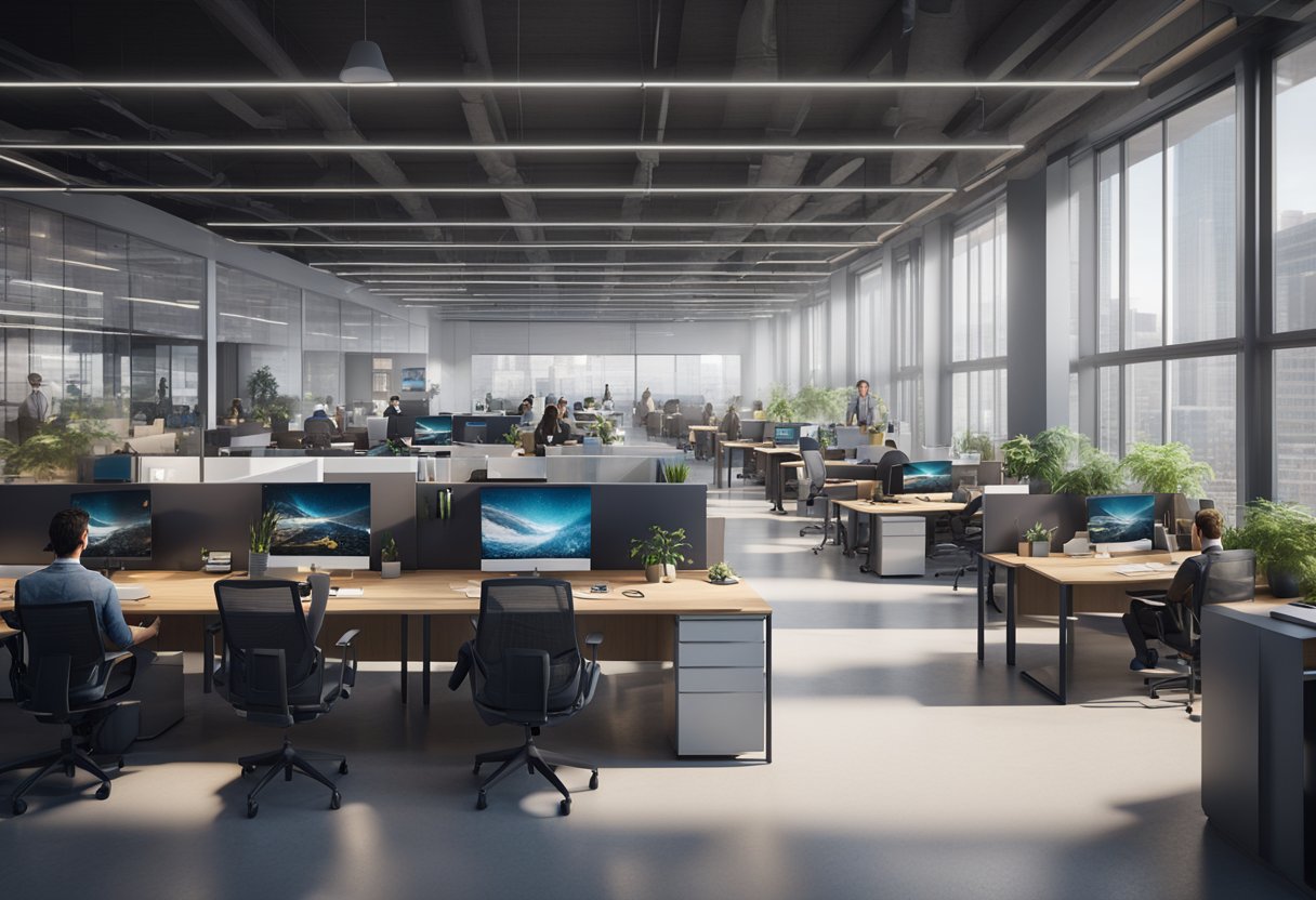 A bustling office environment with employees engaged in phone calls, data analysis, and collaboration. Various technology and communication tools are visible, showcasing the integration of AI and human interaction in the workplace