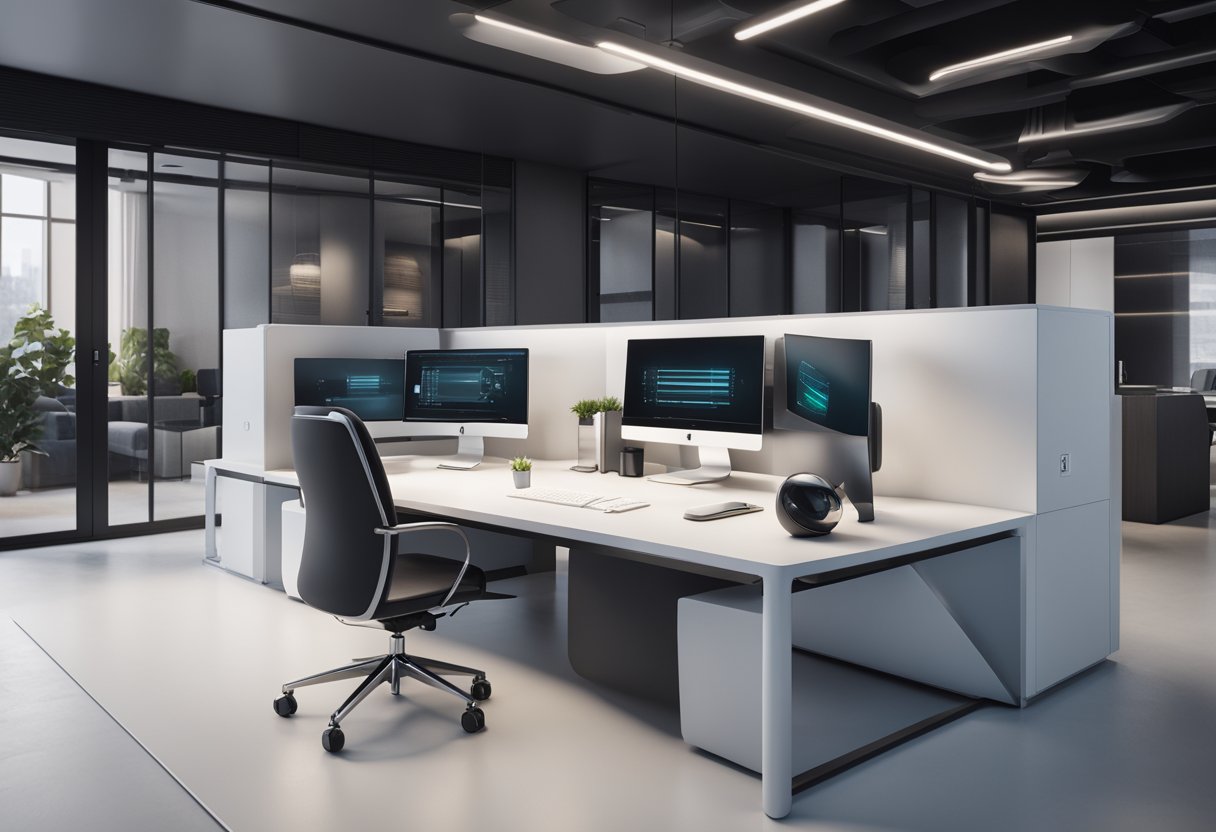 A sleek, modern office setting with a computer screen displaying a personalized cold calling script, while an AI cold calling bot makes targeted calls