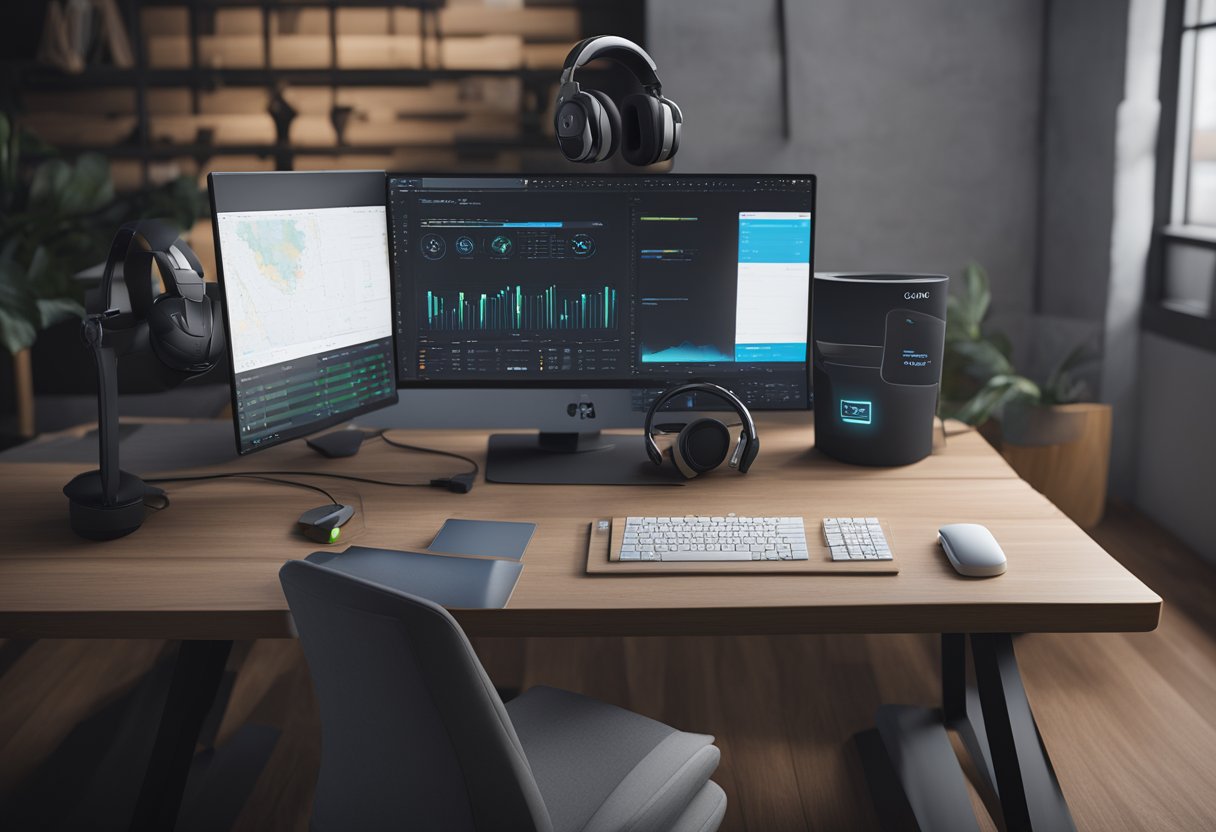 A desk with a computer, headset, and microphone. ChatSpot, AirCall, SentiOne, Gong.io, AI Notetaker by Fathom, and Callin.io AI Cold Calling Bot logos displayed on the screen