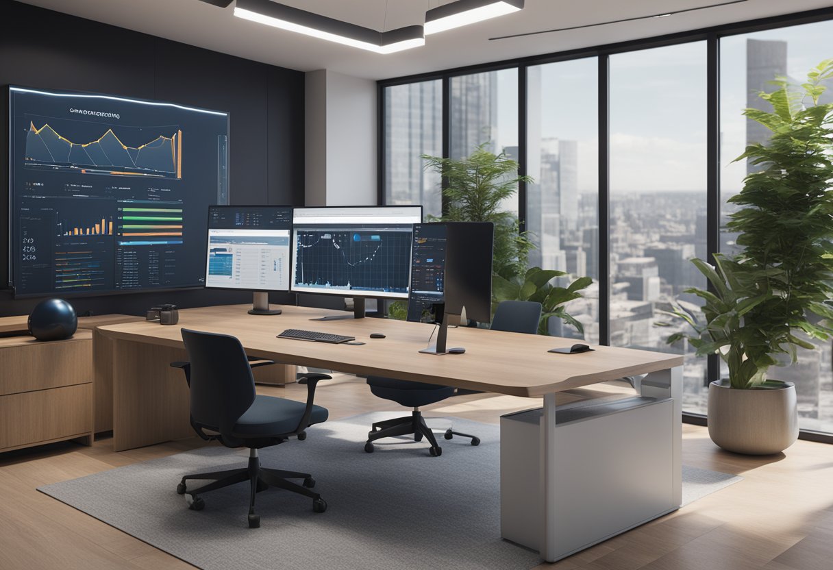 A sleek, modern office setting with a computer screen displaying Callin.io AI Cold Calling Bot in action, surrounded by charts and graphs showing successful sales results