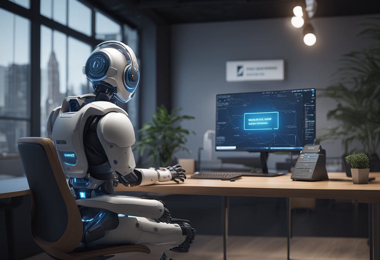 An AI bot making cold calls, sitting at a desk with a computer and phone, while a speech bubble shows a conversation script