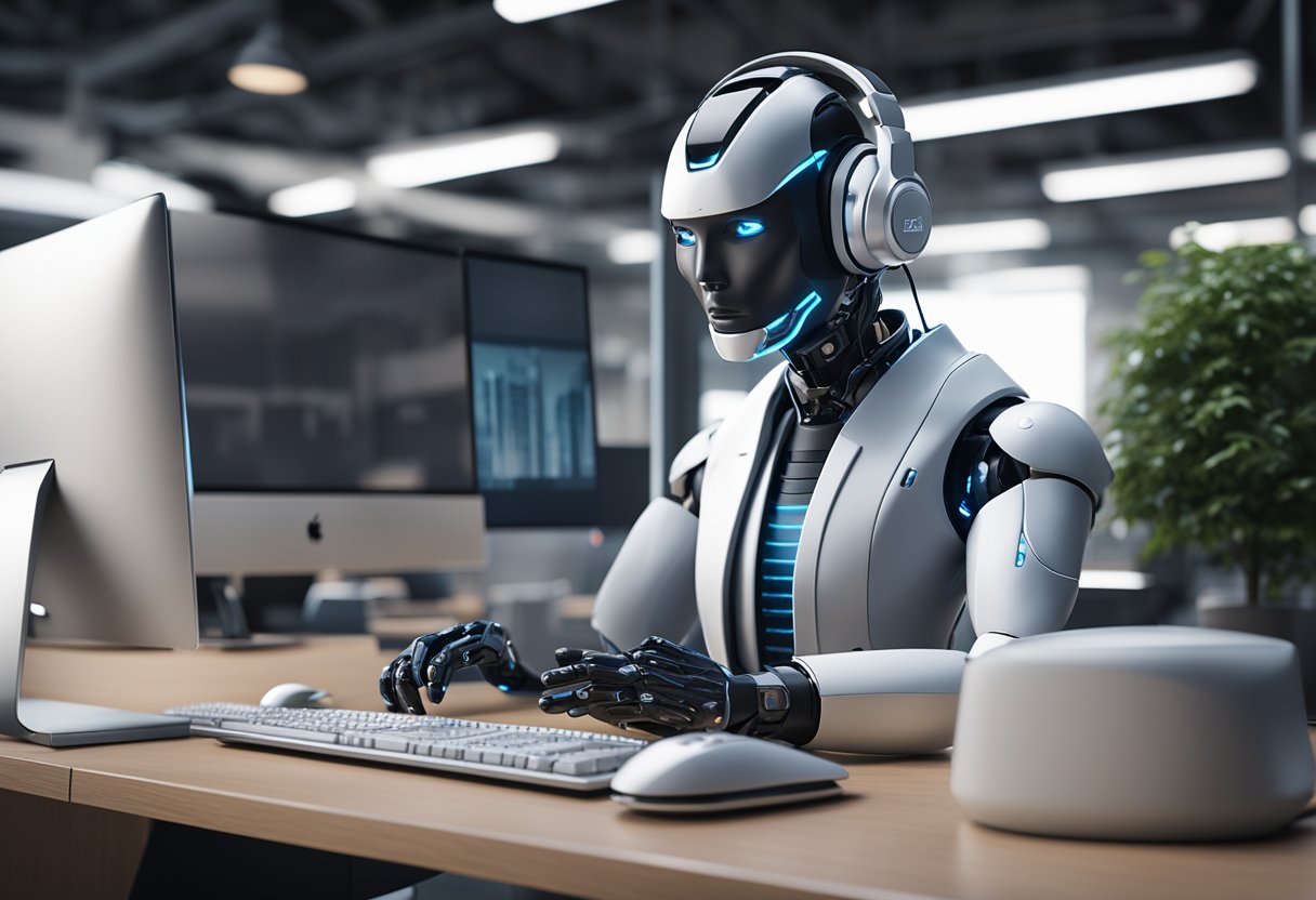 An AI bot making cold calls, with a headset and computer, in a modern office setting