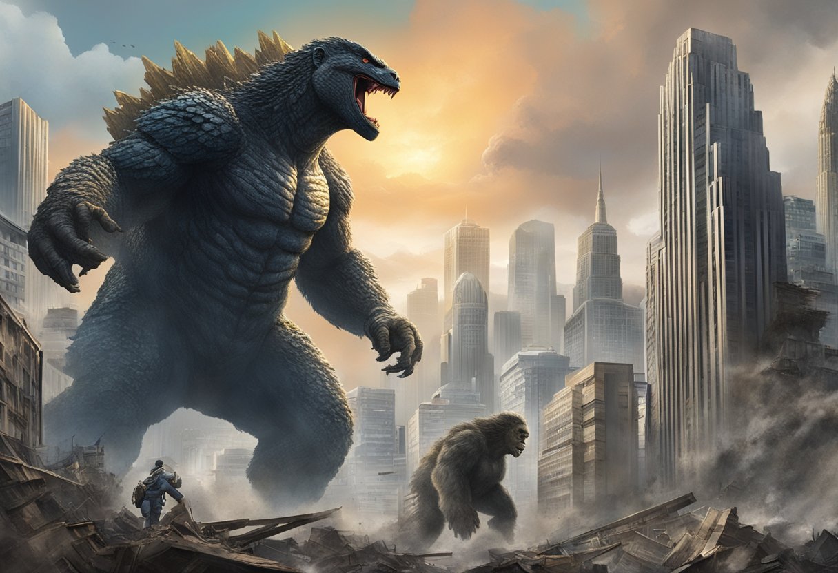 Godzilla and Kong face off in a cityscape, towering over buildings, with destruction in their wake