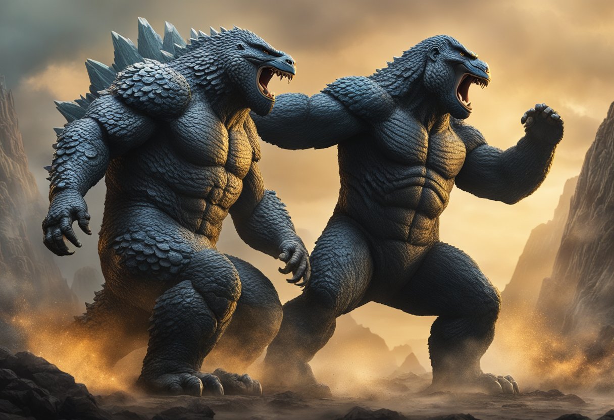 Godzilla and Kong figurine standing face to face in a fierce battle pose