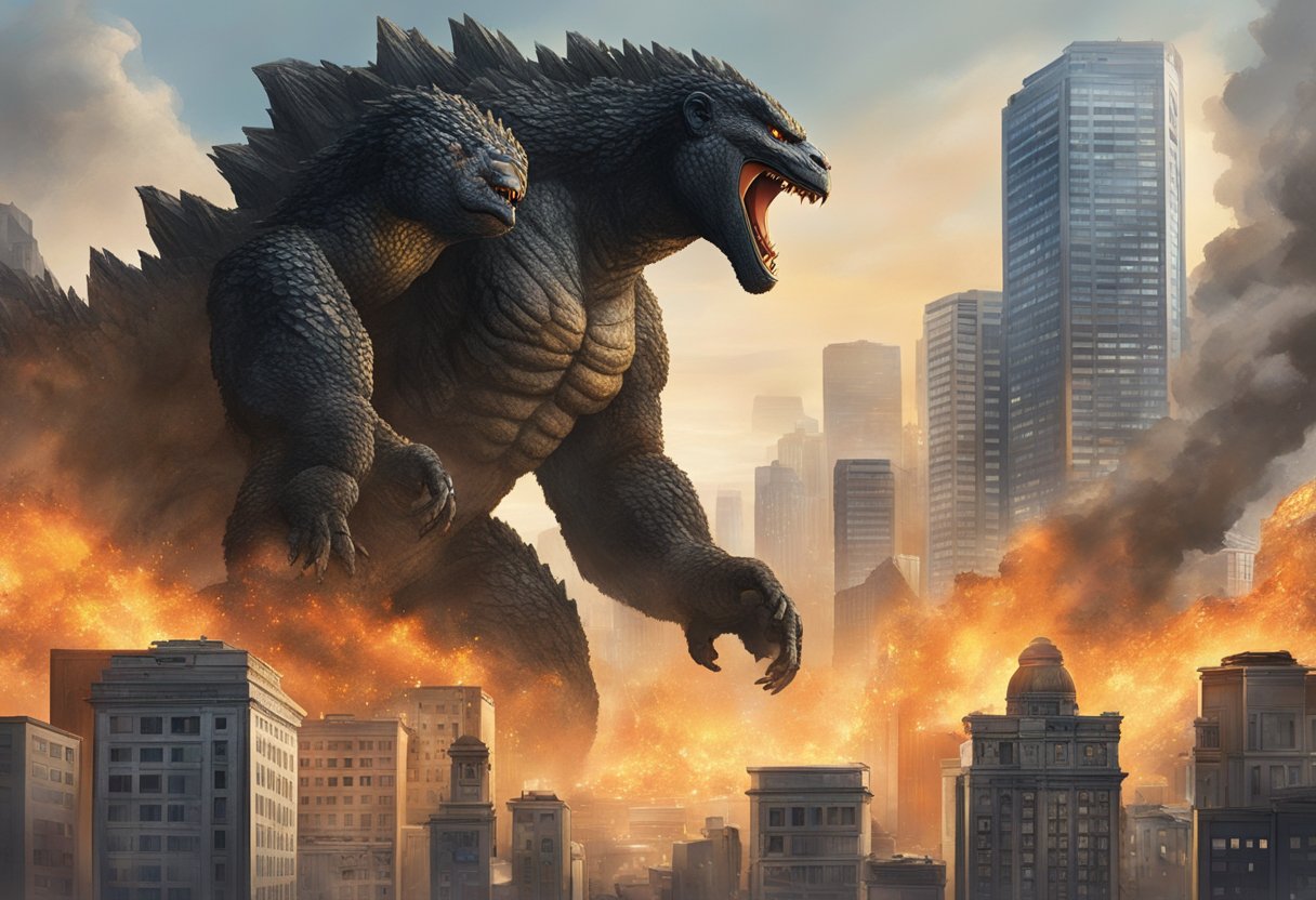 Godzilla and Kong face off in a cityscape, towering over buildings with fiery destruction in the background