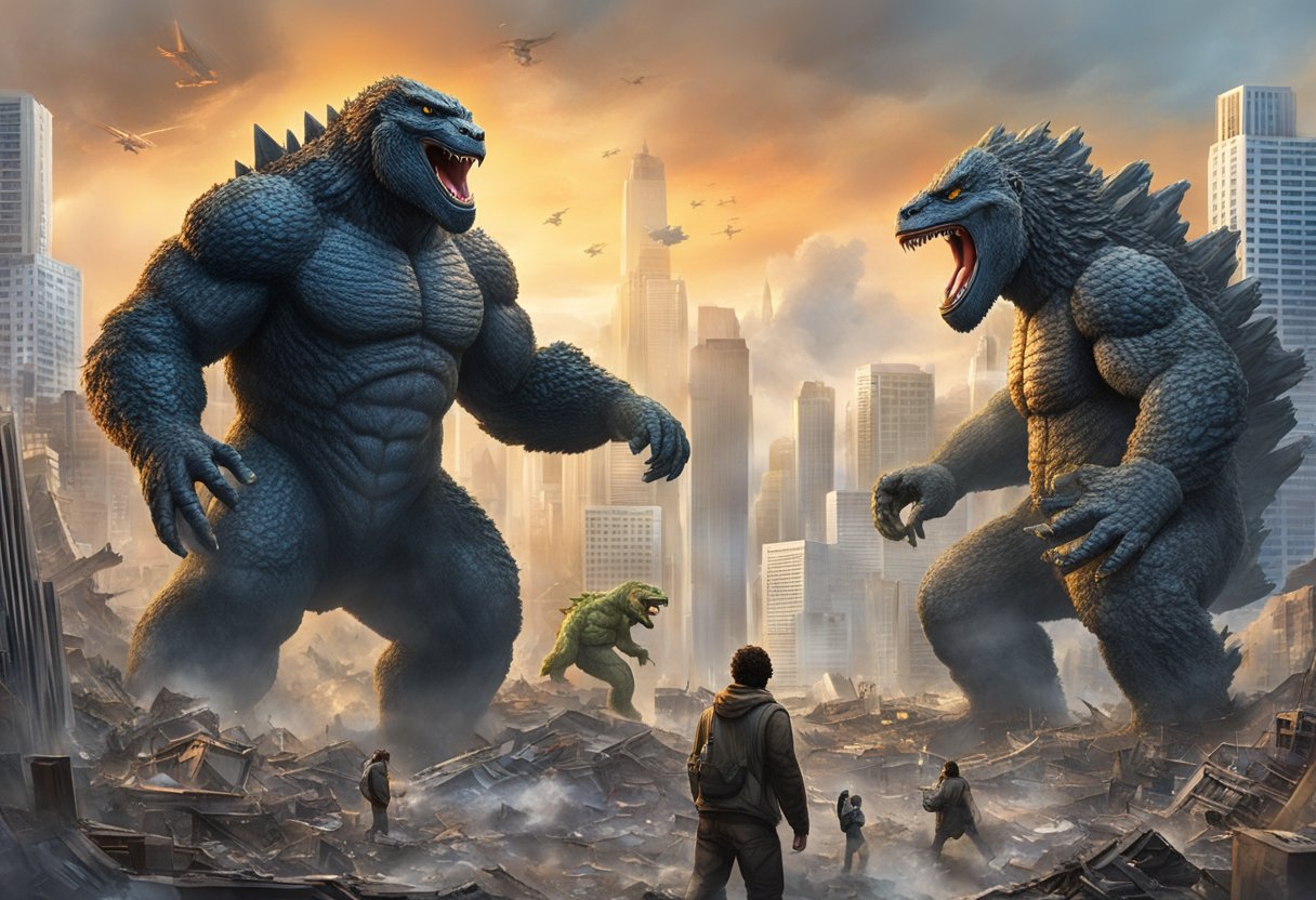 Godzilla and Kong figurines face off in a cityscape, surrounded by destruction and chaos