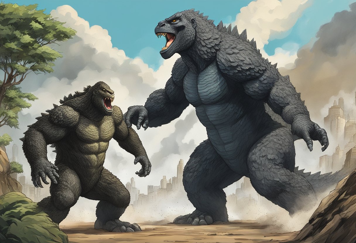 Godzilla and Kong figurines face off in a dynamic battle scene