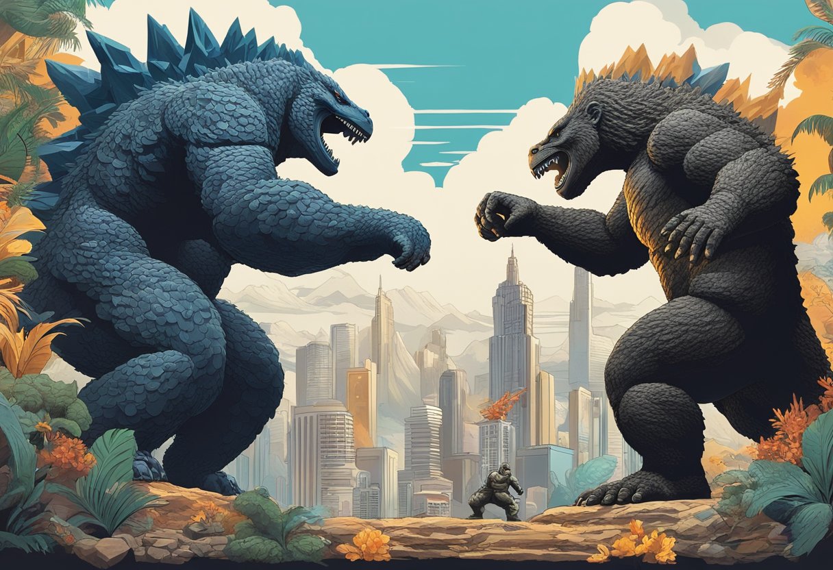 Godzilla and Kong figurines facing off in a dynamic battle pose, surrounded by iconic cultural symbols