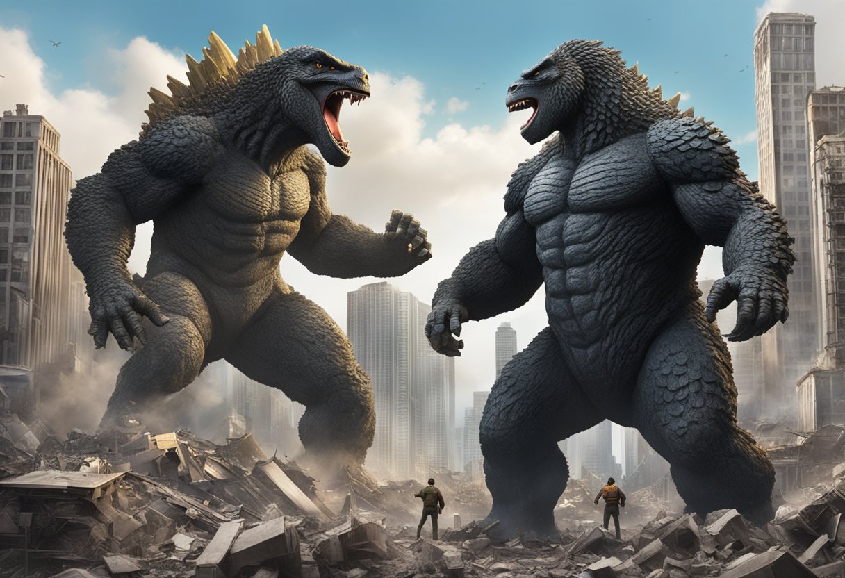 Godzilla and Kong figurines facing off in a cityscape, with destroyed buildings and rubble in the background