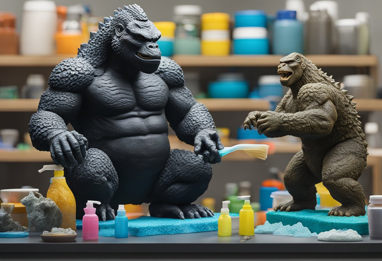 Godzilla and Kong figurines being carefully cleaned and preserved