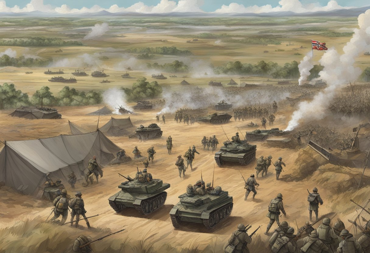 A battlefield with troops maneuvering and strategizing, while commanders oversee from a distance. Maps, flags, and weaponry are scattered across the scene