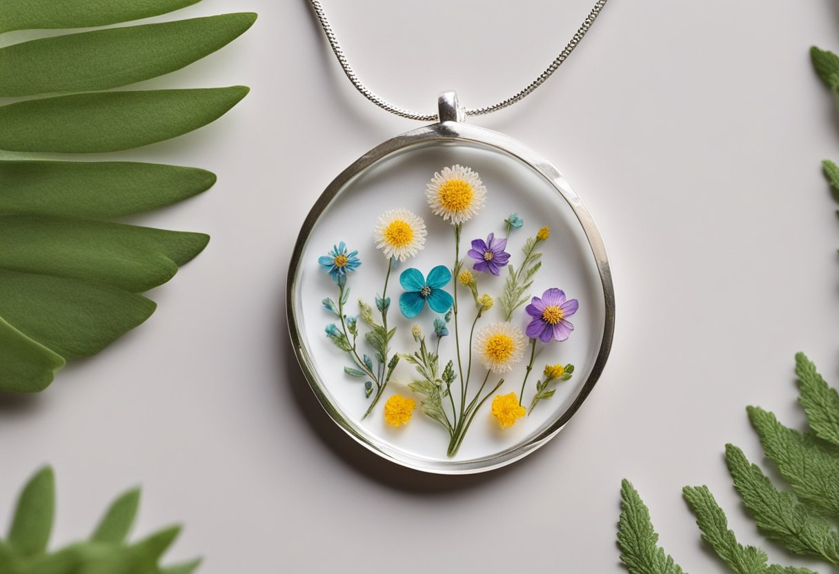 A delicate necklace with a clear resin pendant containing vibrant pressed flowers. The pendant hangs from a dainty silver chain, catching the light and showcasing the intricate details of the flowers within