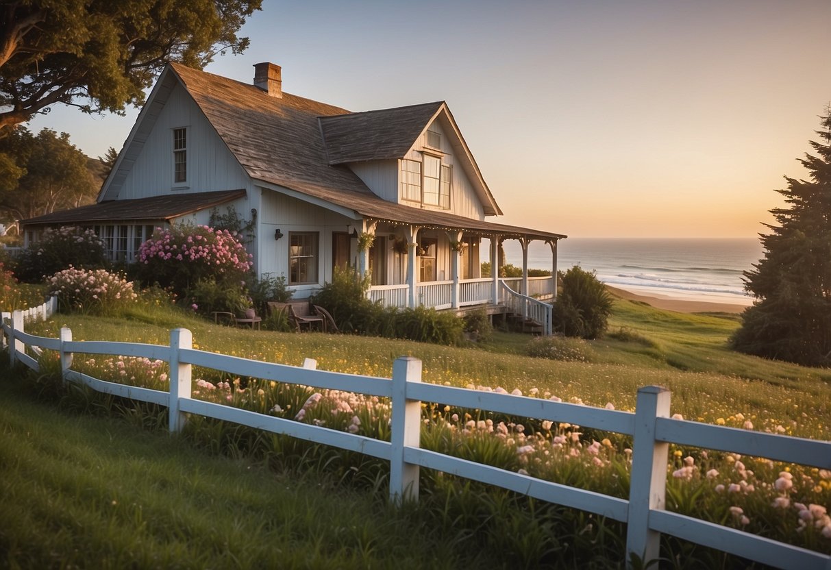 A quaint farmhouse nestled by the coast, surrounded by rolling hills and a serene ocean view. Rustic wooden exterior with a charming wrap-around porch, adorned with blooming flowers and a weathered picket fence