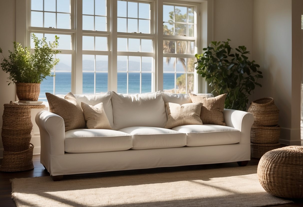 A white slipcovered sofa sits in a bright, airy room with coastal farmhouse decor. Sunlight streams through the windows, casting a warm glow on the comfortable seating