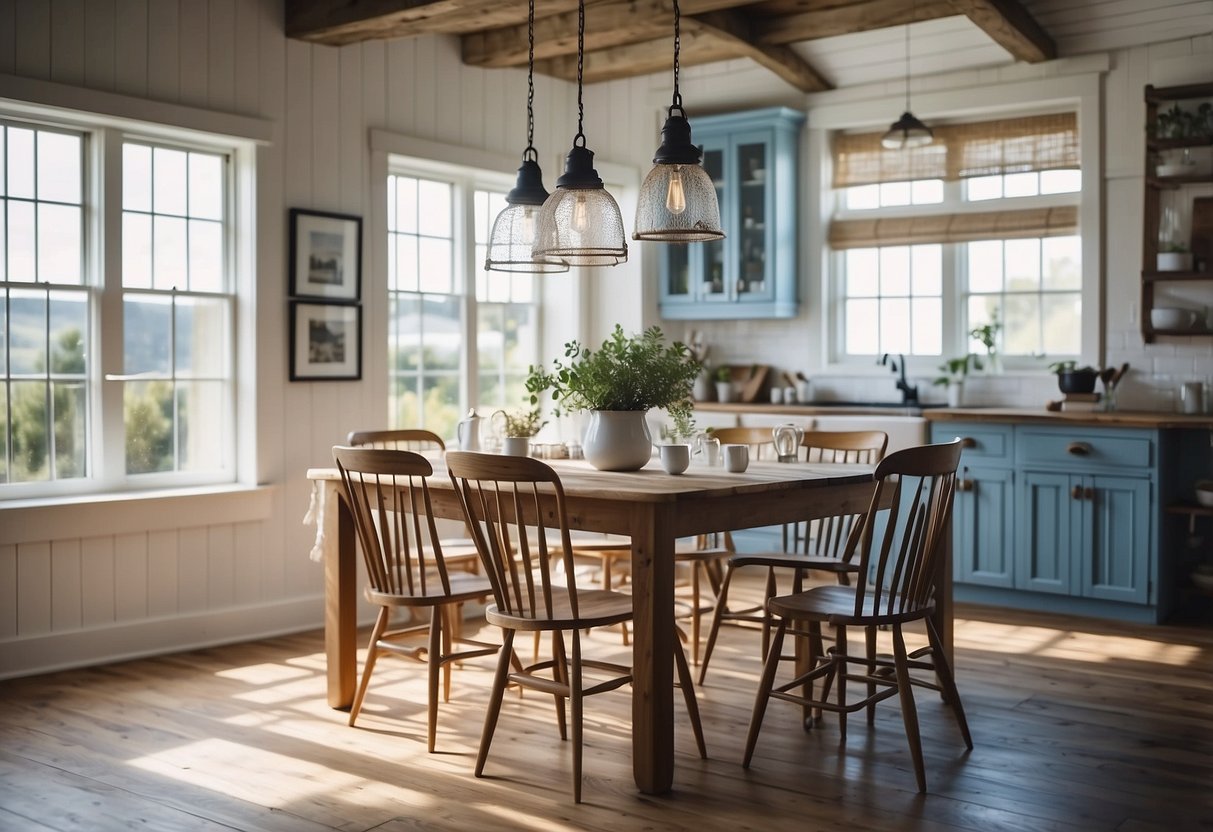 A cozy coastal farmhouse kitchen with nautical pendant lights hanging above a rustic wooden table and chairs. Blue and white color scheme with natural light streaming in through the windows