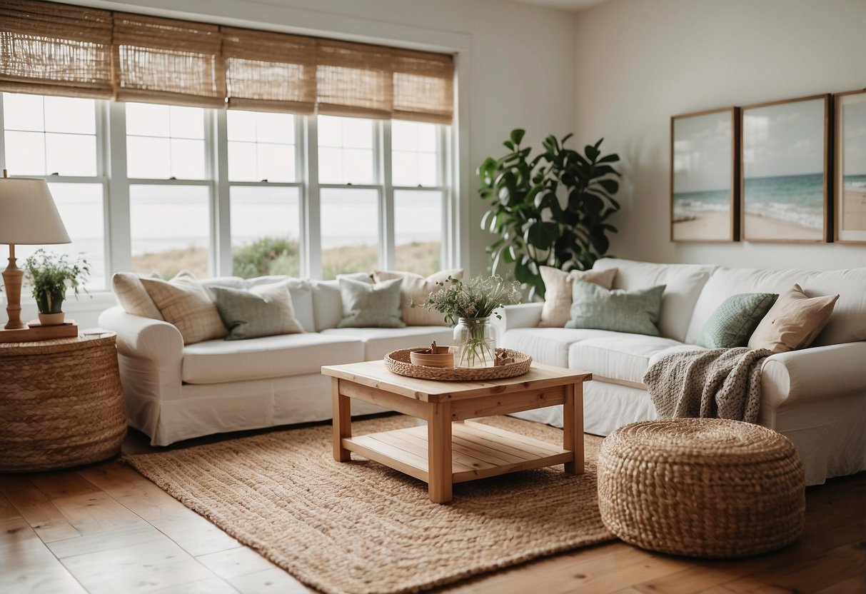 A cozy living room with a woven jute rug, surrounded by coastal farmhouse decor and natural light streaming in through the windows