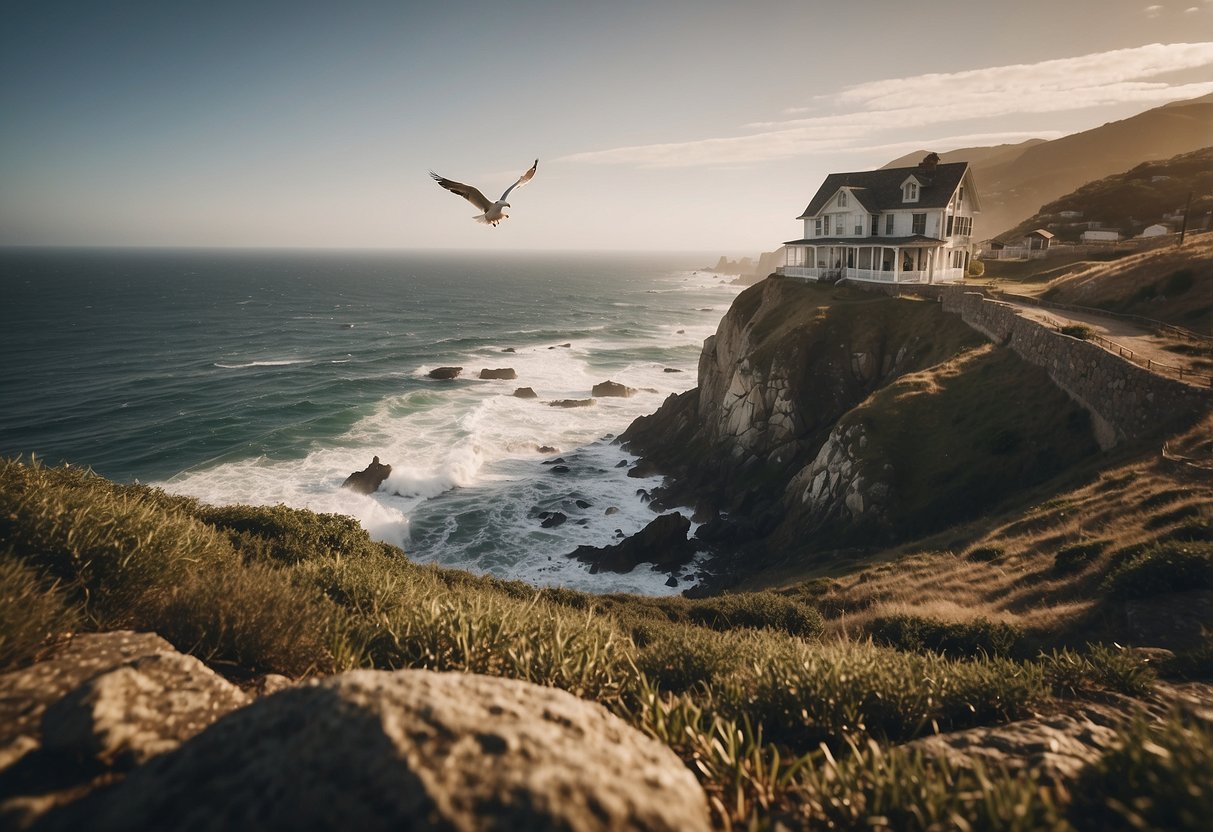 A rustic farmhouse sits on a cliff overlooking the ocean. Seagulls fly overhead as waves crash against the rocks below. A vintage fishing boat is anchored in the bay