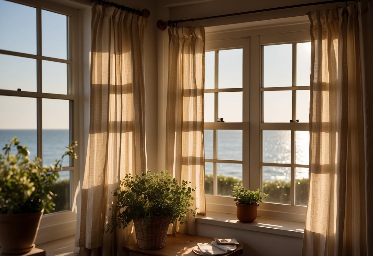 The sun shines through the open window, casting a warm glow on the striped linen curtains. The gentle breeze from the coast ruffles the fabric, creating a serene and inviting atmosphere for a coastal farmhouse