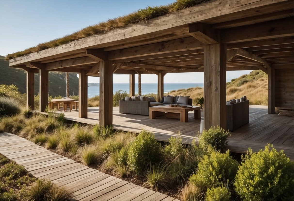 Rustic wooden beams frame a coastal farmhouse, with weathered planks and natural textures