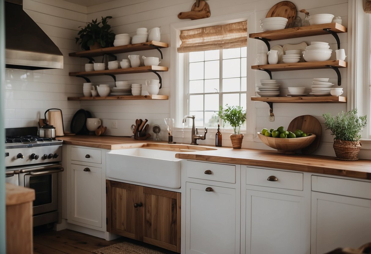 A coastal farmhouse kitchen with open shelving, a large farmhouse sink, and natural wood accents. A cozy living room with a neutral color palette, comfortable seating, and a rustic fireplace